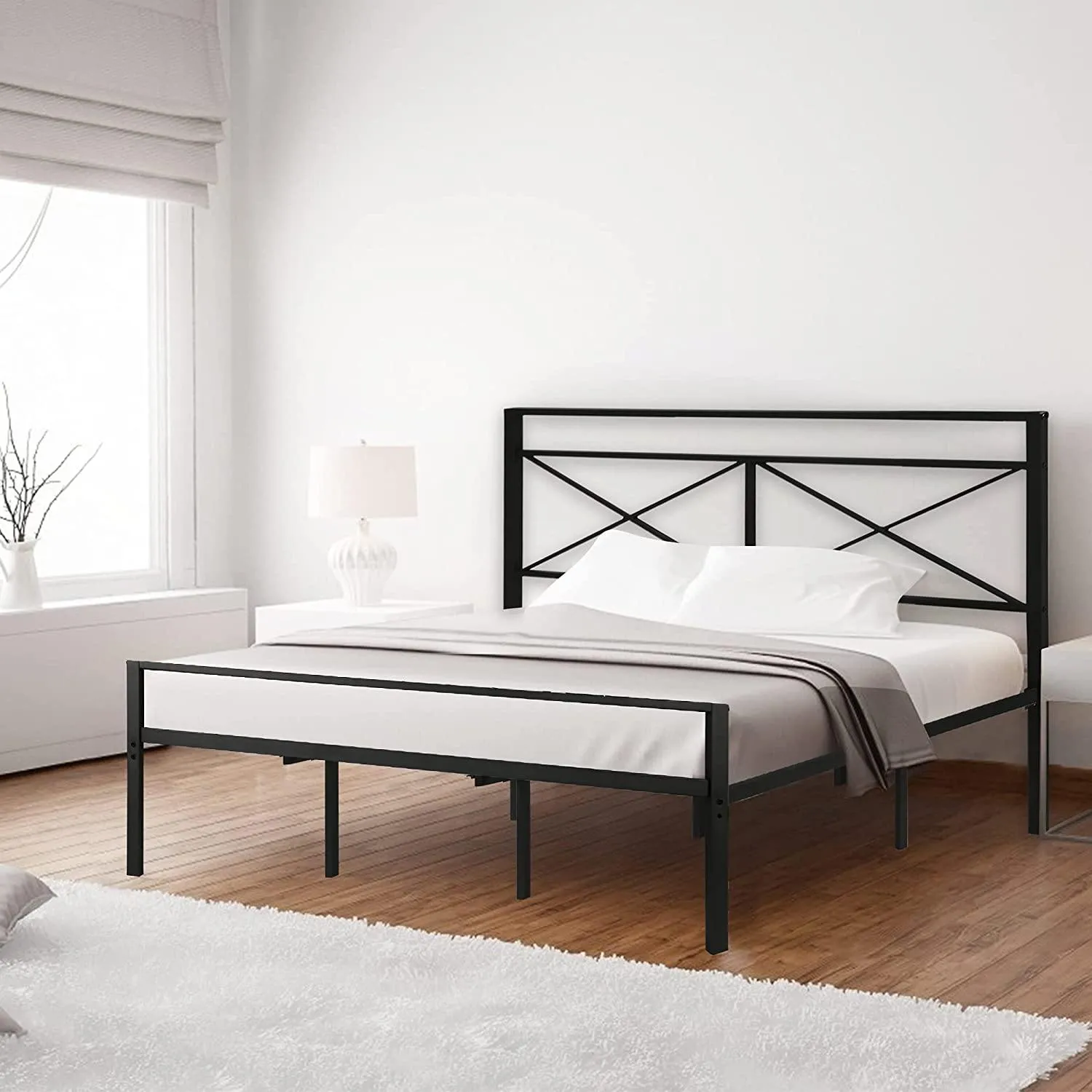 14" Metal Platform Bed Bed Frame and Headboard with Frosted Iron Frame, Under Bed Storage, Noise Free, No Box Spring Needed