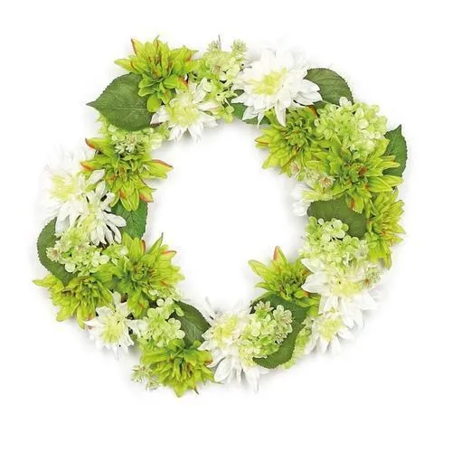 22" Decorative Cream White and Green Artificial Floral Dahlia and Hydrangea Wreath - Unlit