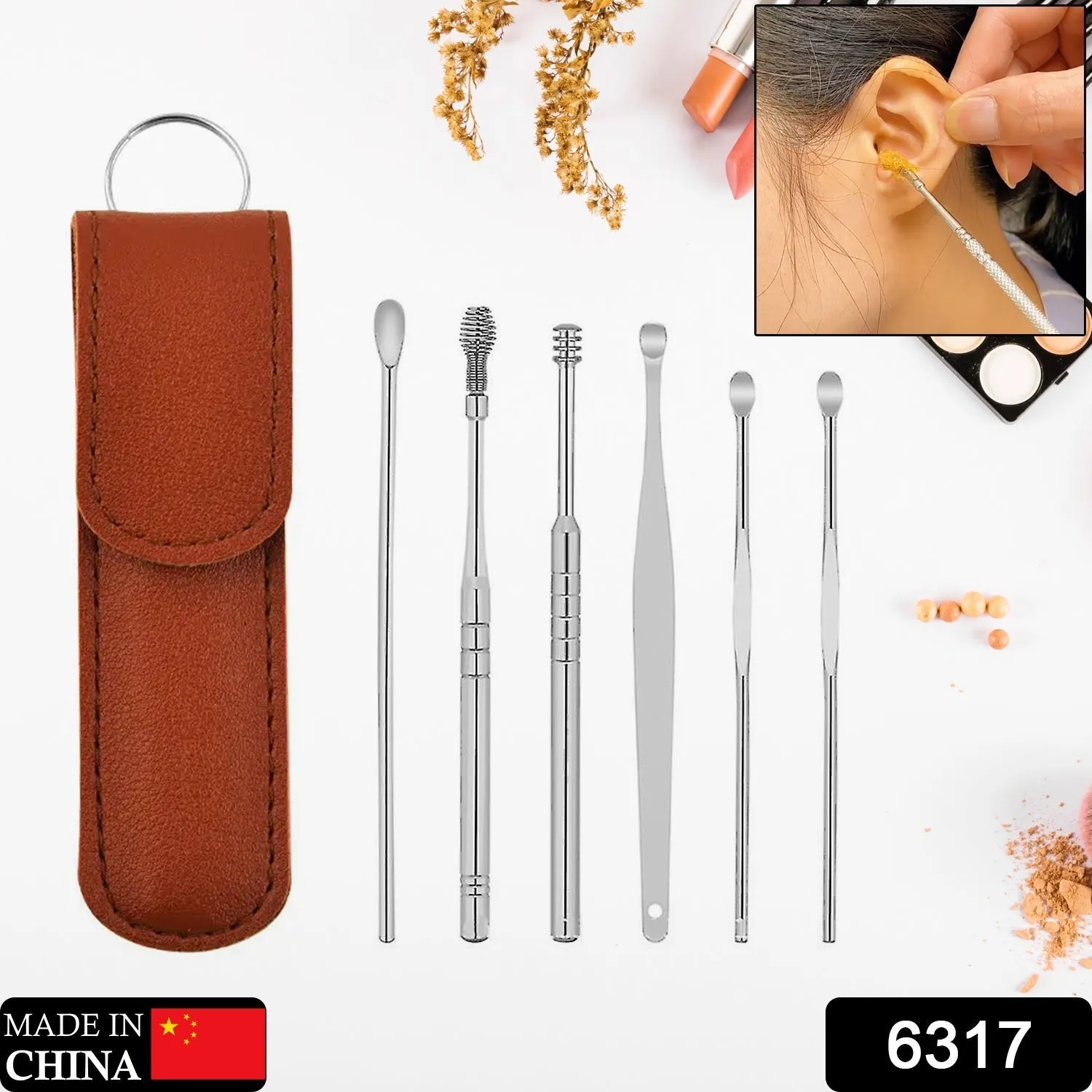 6-in-1 Ear Wax Cleaner- Resuable Ear Cleaning Tools Leather Pouch - Ear Pick Wax Remover Tool Kit with Ear Curette Cleaner and Spring Ear Buds Cleaner Fit in Pocket Great for Traveling