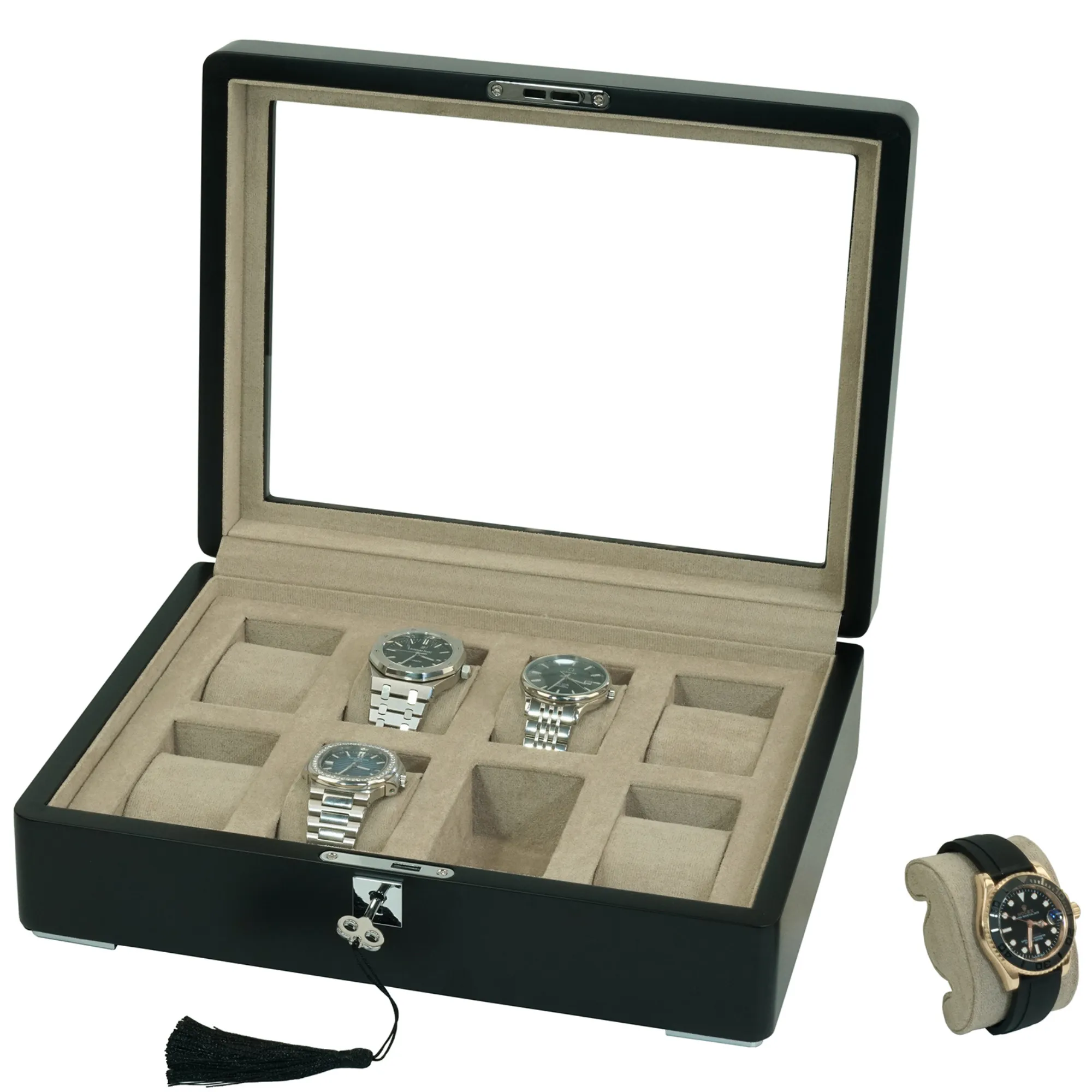 8 Slot Black Wooden Watch Box with Cream Interior