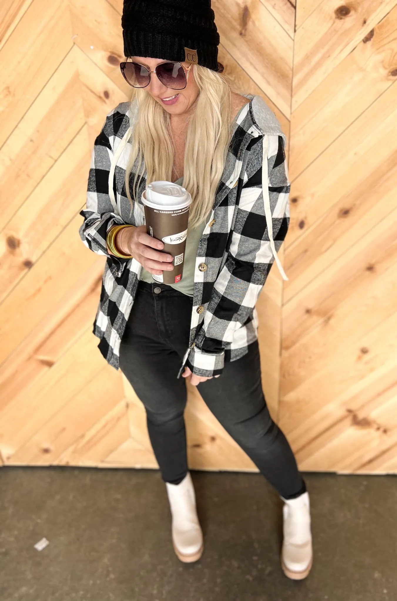 Black & Ivory Buffalo Plaid Hooded Top - Final Sale