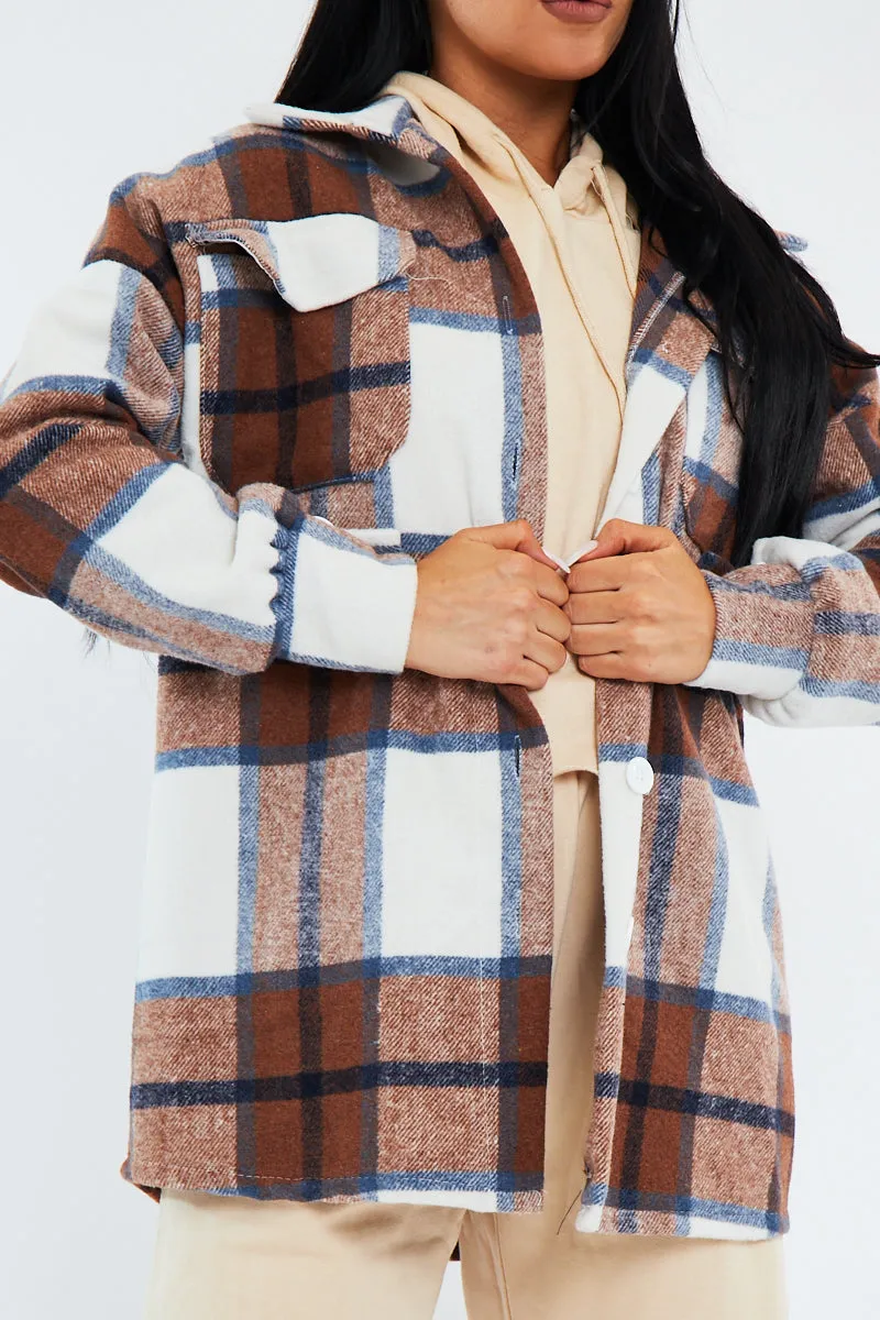 Brown Check Pocket Front Shacket - Nura