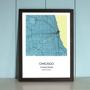 Chicago City Map Wall Art Poster with Wooden Frame