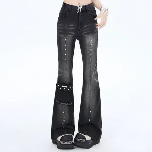 Crazy Girl Retro Black Gray Denim Flared Jeans