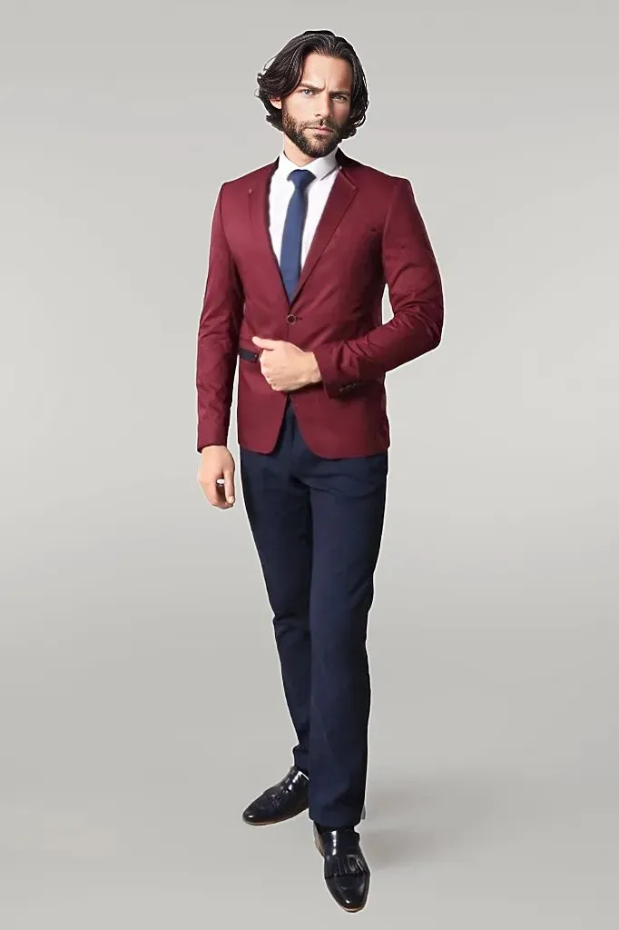 Crew Neck Burgundy Men Blazer - Wessi