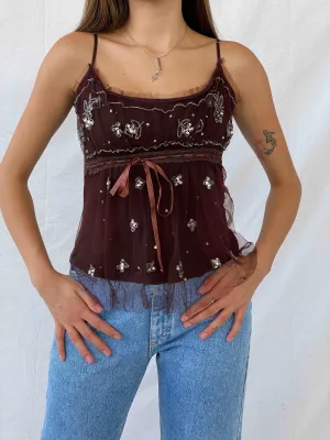 Cute Y2K Brown Beaded Tulle  Top