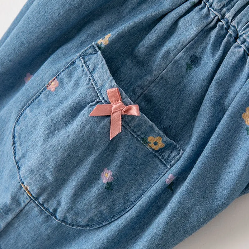 Daisy Embroidery Ribbon Pocket Girl Blue Jeans