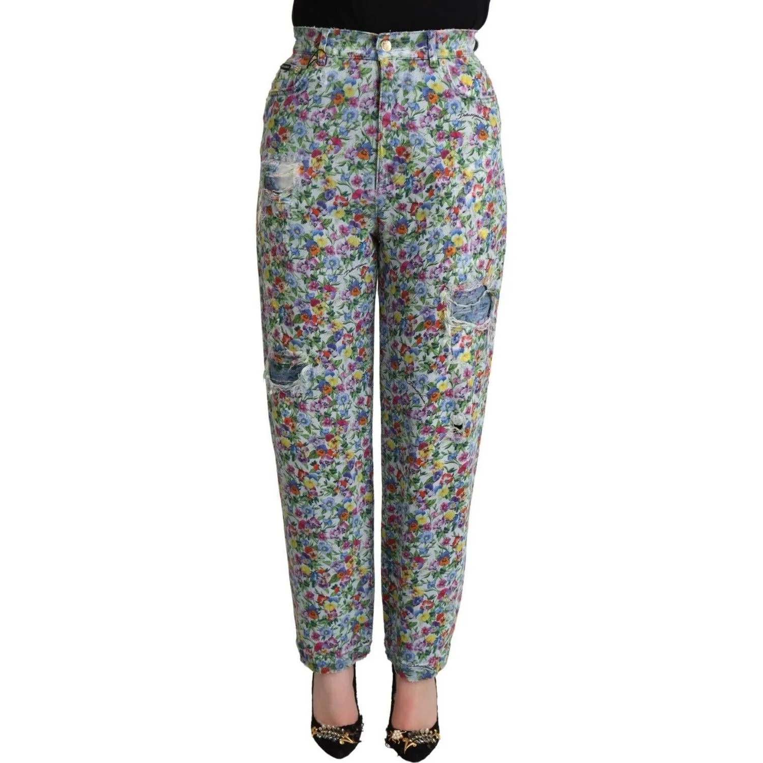 Dolce & Gabbana Floral High Waisted Tapered Denim Jeans