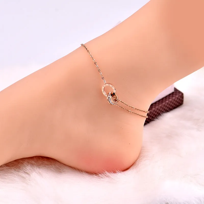 Exquisite and luxurious rose gold double-ring Roman numerals inlaid with white diamond design titanium steel anklet