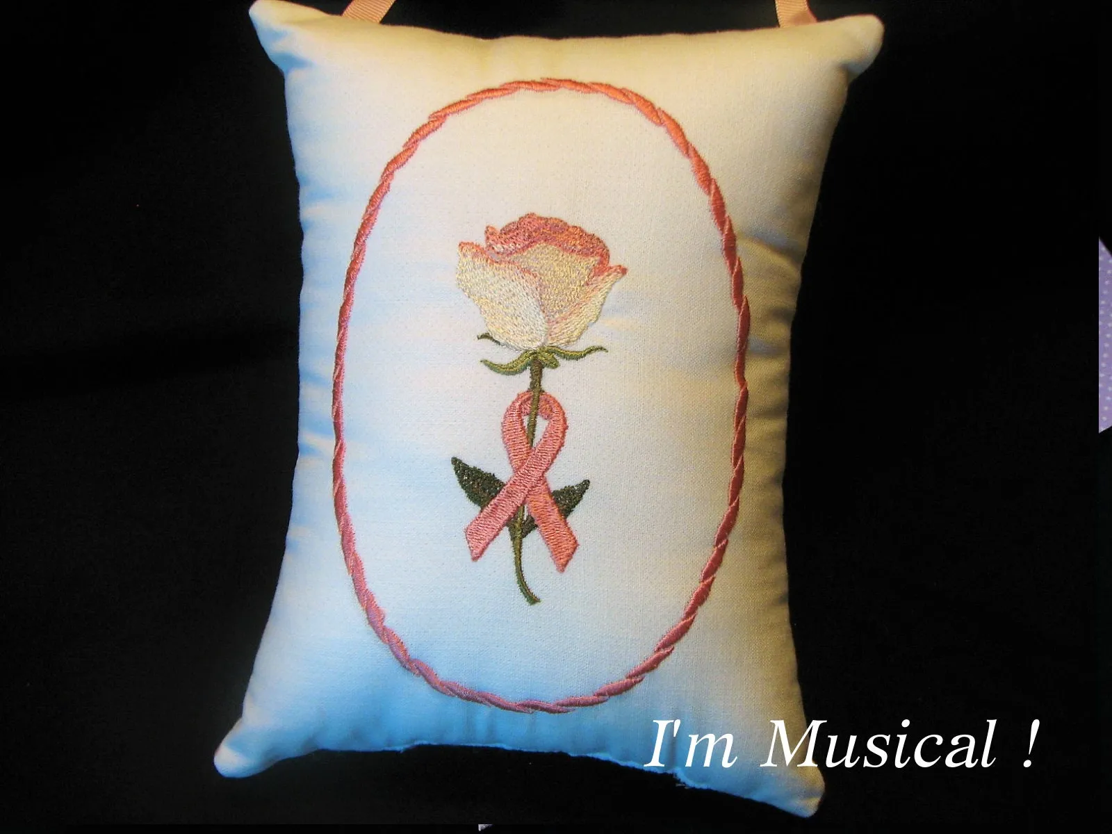 Hope Rose Music Box  Pillow -- Personalized Embroidered MUSICAL Keepsake -- Breast Cancer, Causes, Awareness