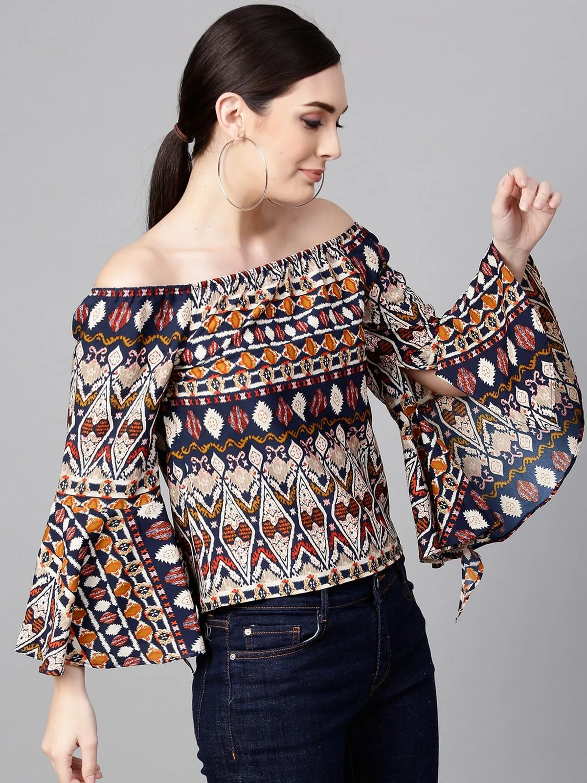 Multi-Color Tribal Printed Off-Shoulder Top