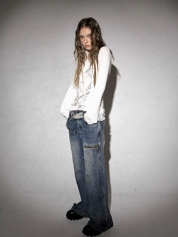 Old staggered waist head low-rise jeans【s0000005027】