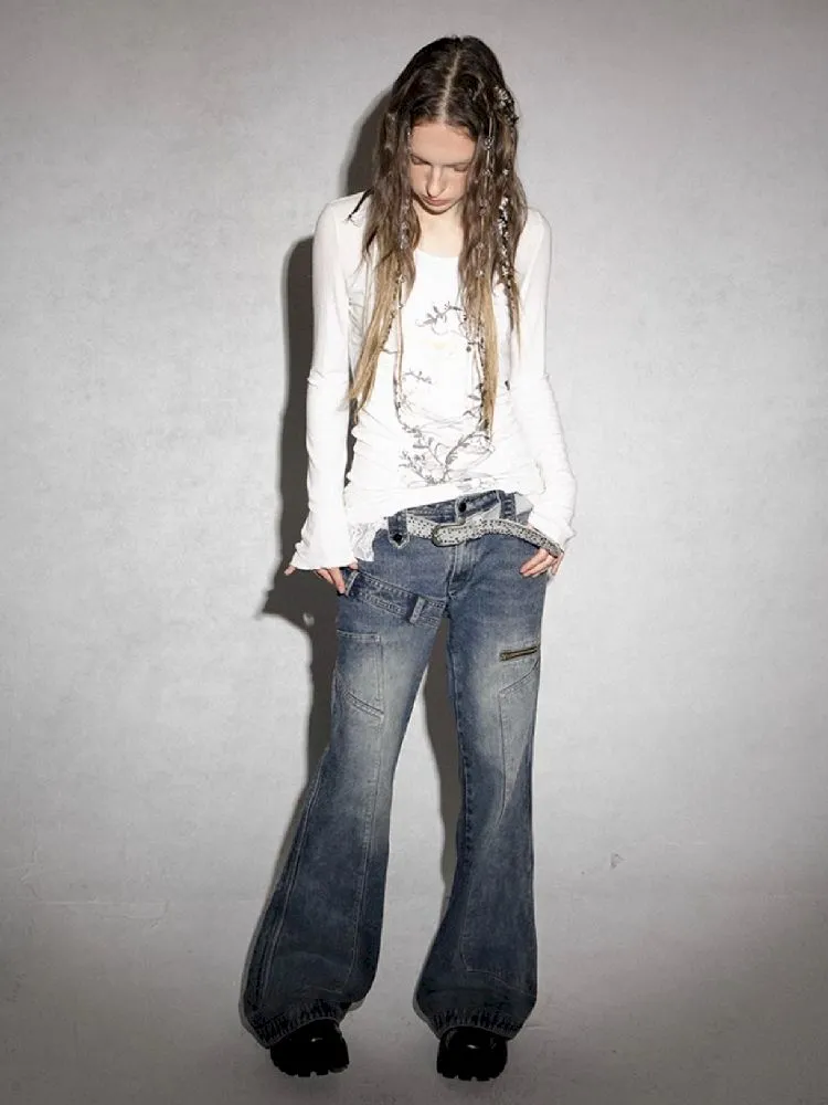 Old staggered waist head low-rise jeans【s0000005027】