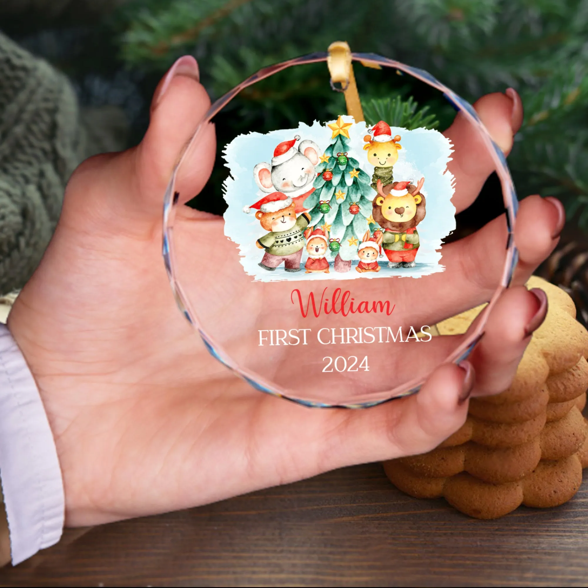 Personalized Baby's First Christmas Glass Ornament, Personalized Woodland Creatures, Baby Deer Ornament, Holiday Keepsake Ornament, New Baby Gift, 2024 Custom Baby Ornament GX02-20