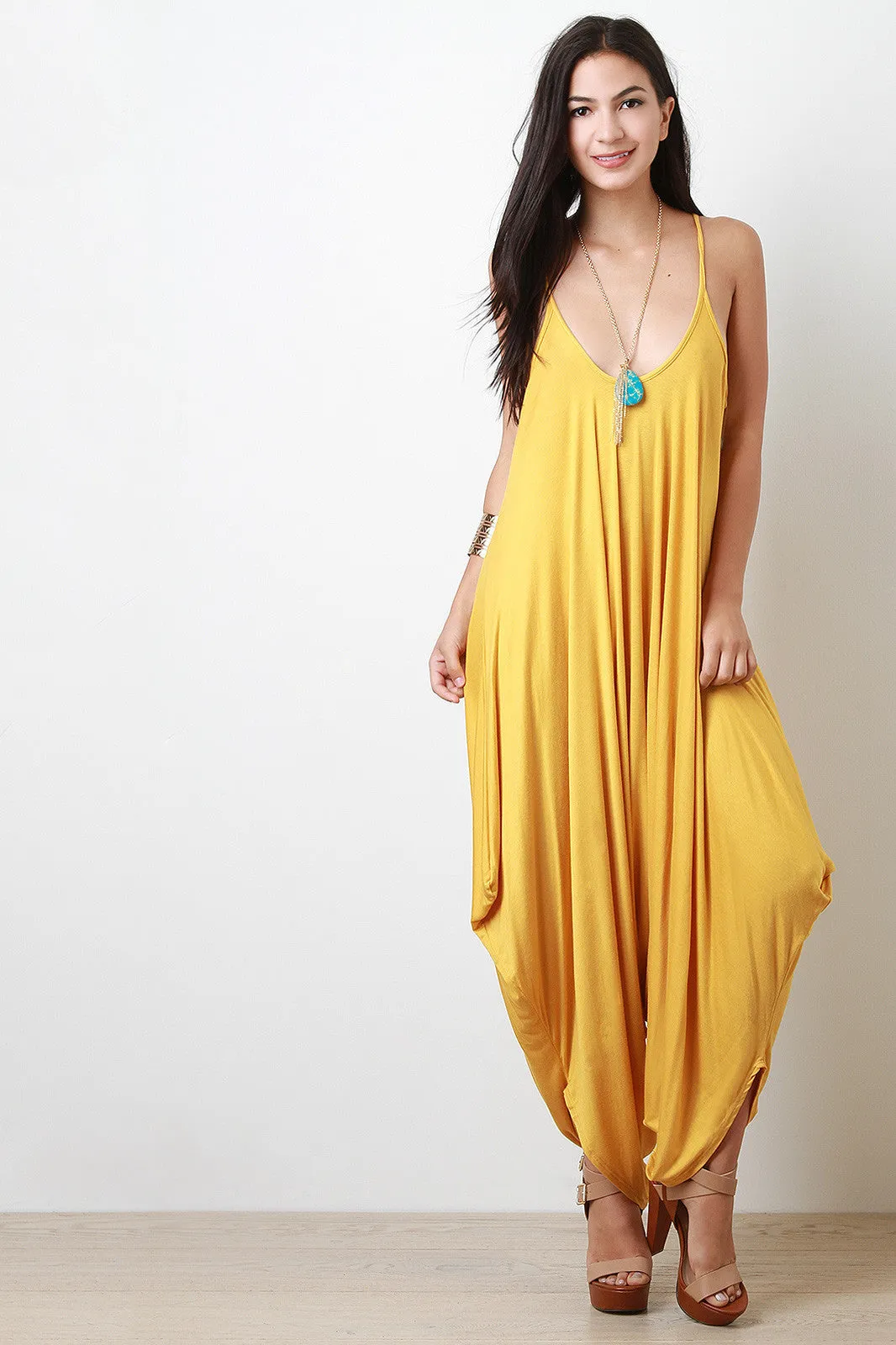 Plunging Neckline Draping Oversize Jumpsuit