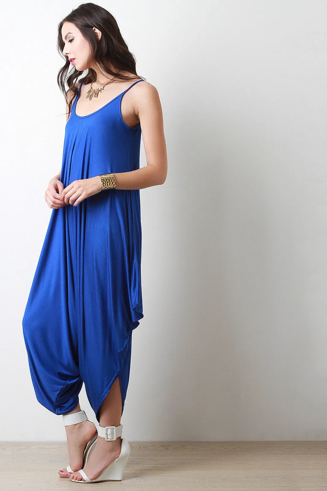 Plunging Neckline Draping Oversize Jumpsuit