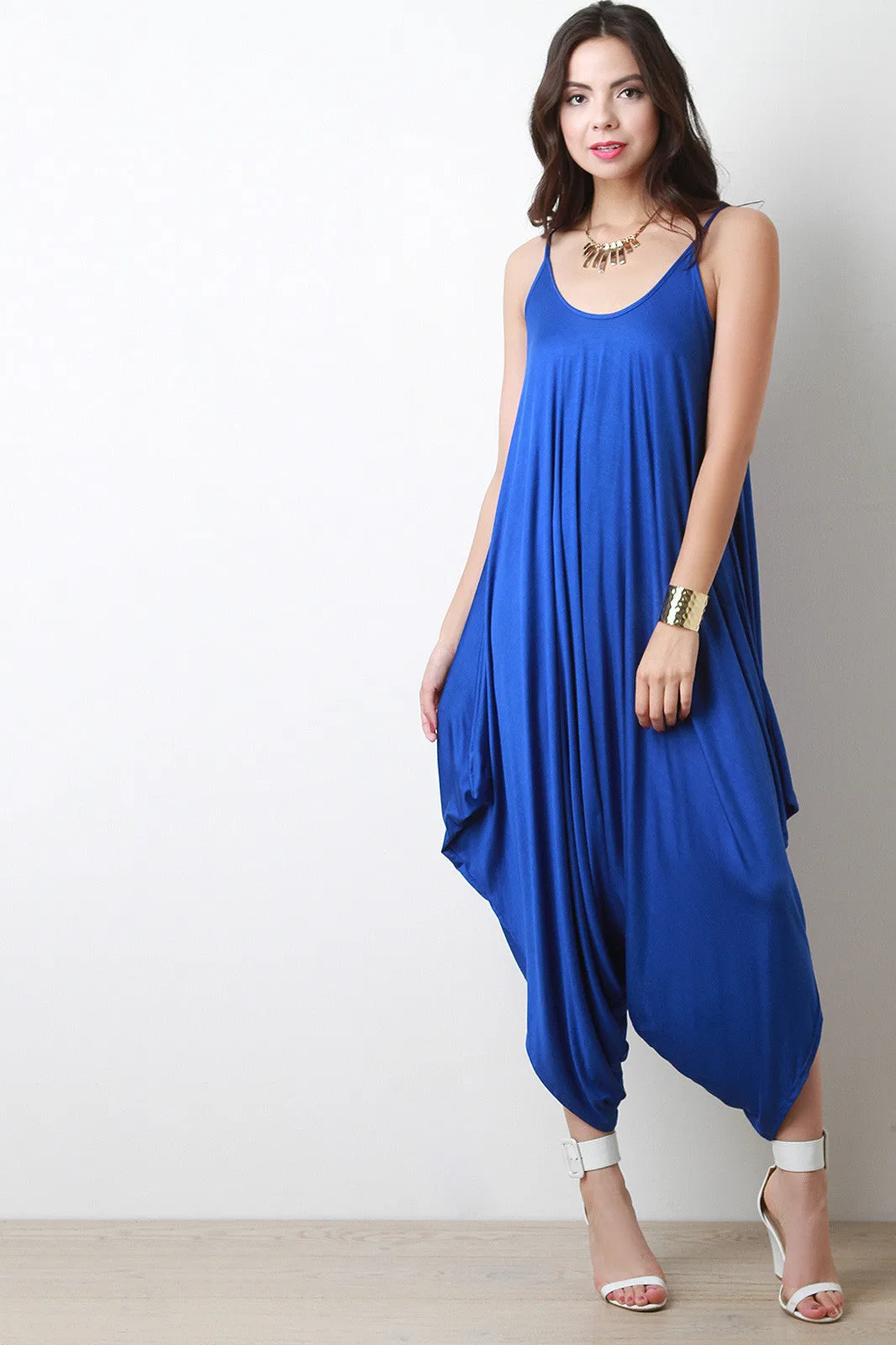 Plunging Neckline Draping Oversize Jumpsuit