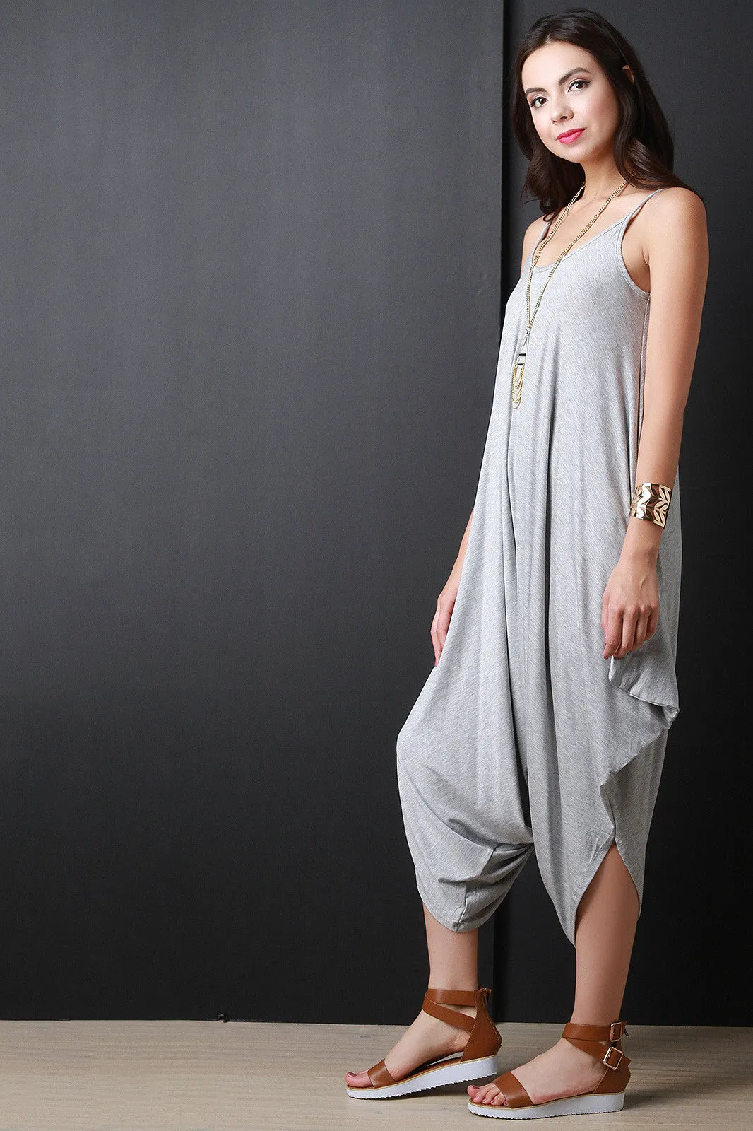 Plunging Neckline Draping Oversize Jumpsuit