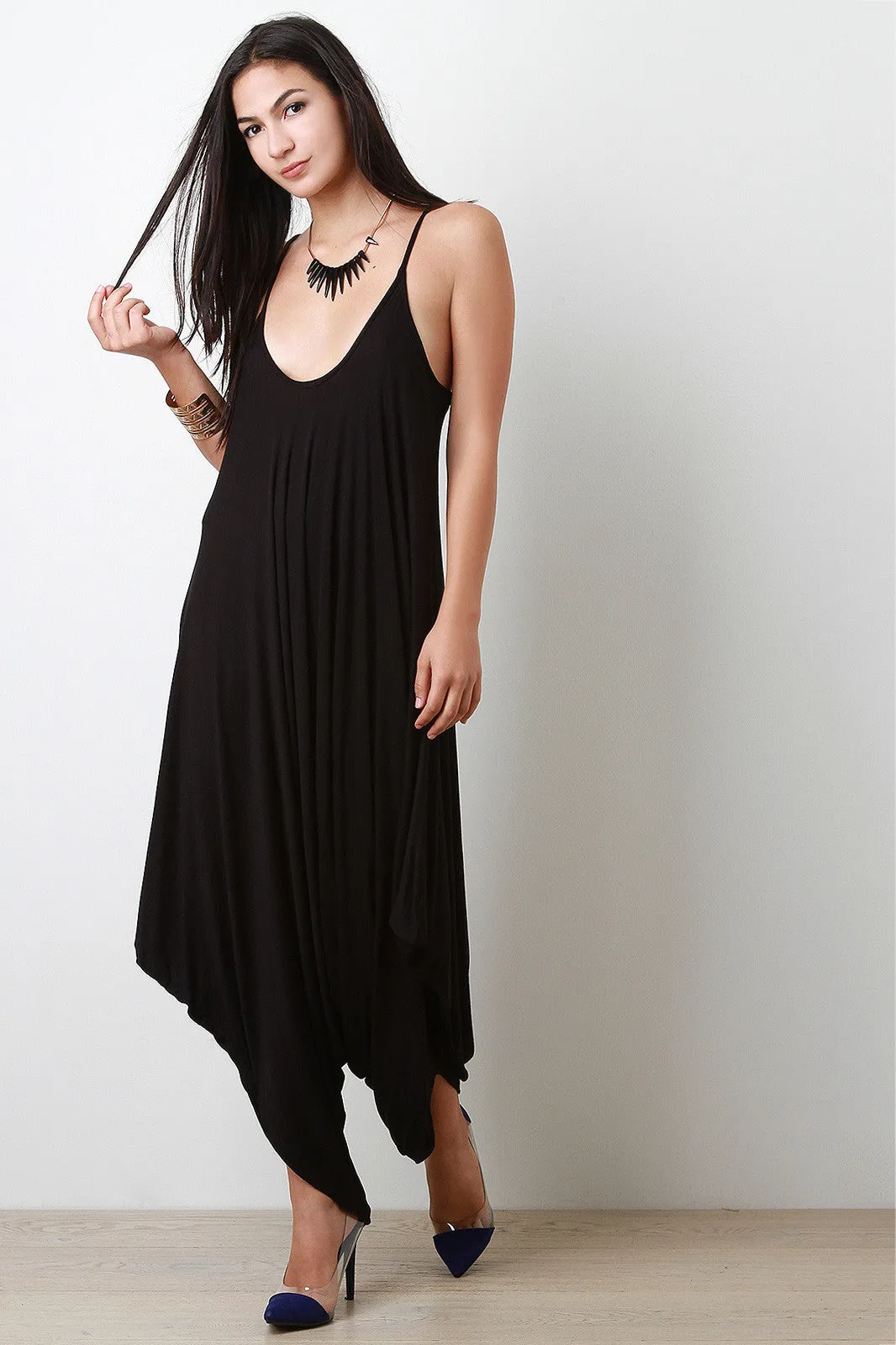 Plunging Neckline Draping Oversize Jumpsuit