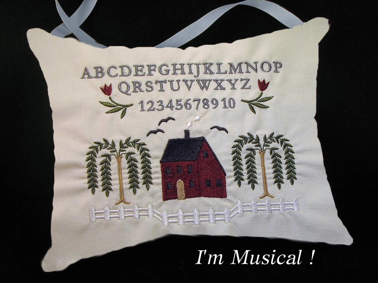 Primitive Home Sampler Music Box Pillow -- Personalized Embroidered MUSICAL Keepsake