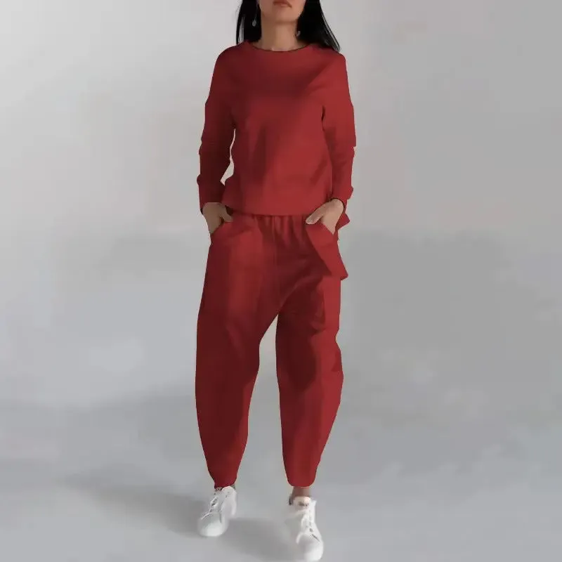 Solid Colour Fashion Sweatshirt With Pockets Loose Trousers