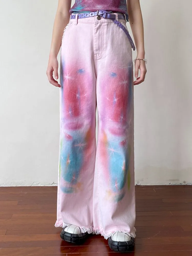 Straight Printed Raw Hem Jeans【s0000008823】