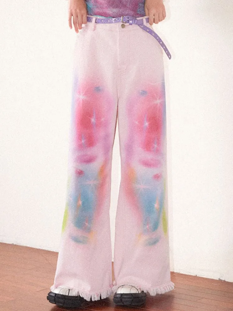 Straight Printed Raw Hem Jeans【s0000008823】