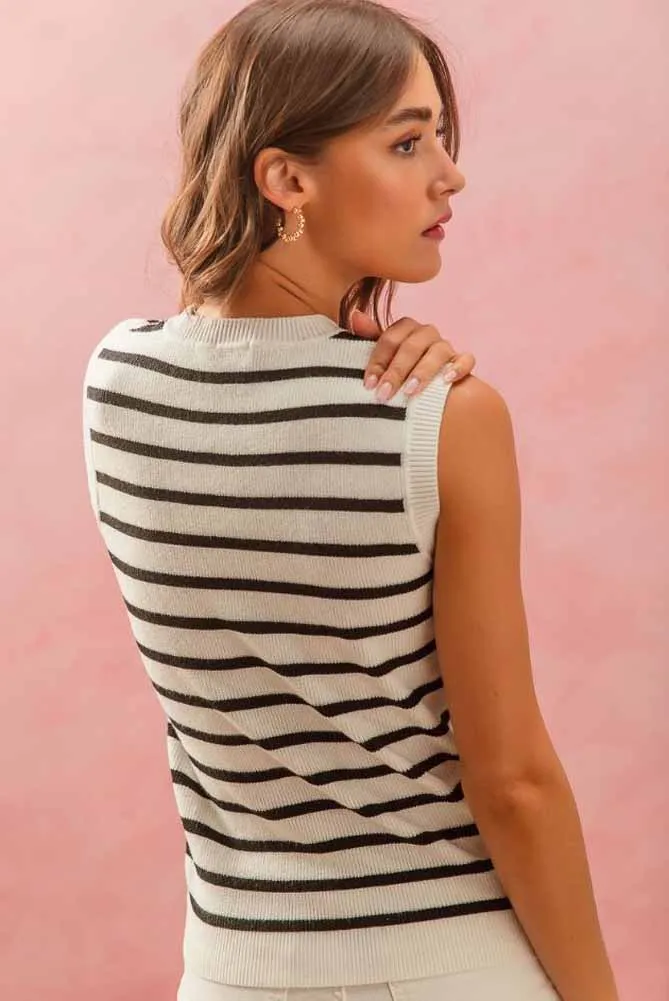 Stripe Knitted Sleeveless Sweater in Ivory/Black by So Me