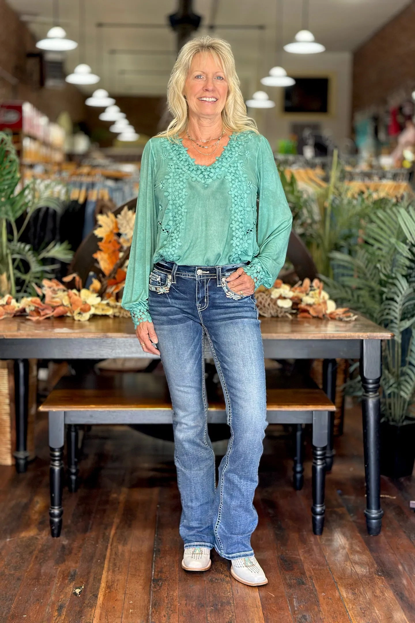 Turquoise Dreamin' Mid Rise Bootcut Jean by Miss Me