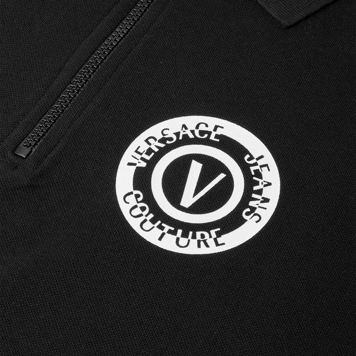 Versace Jeans Couture V-Emblem Print Black Zip Polo Shirt