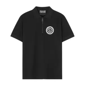 Versace Jeans Couture V-Emblem Print Black Zip Polo Shirt